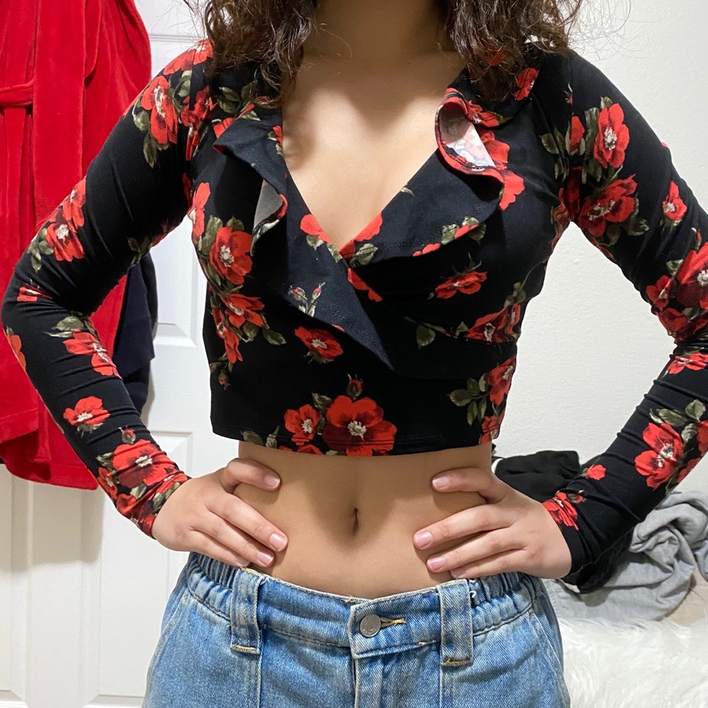 Red flowered Crop Top